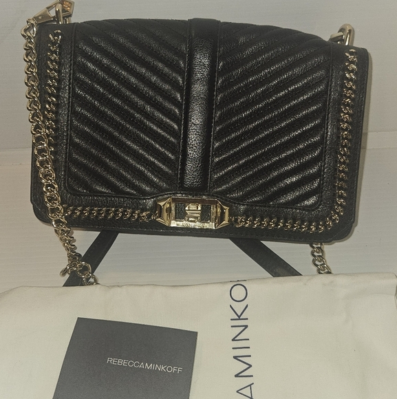 Rebecca Minkoff Love Crossbody Bag Black Chevron Quilted Leather with Gold Chain - Picture 3 of 16